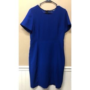 Josie Natori 12 Blue Round High Neck Woven Stretch Sheath Dress